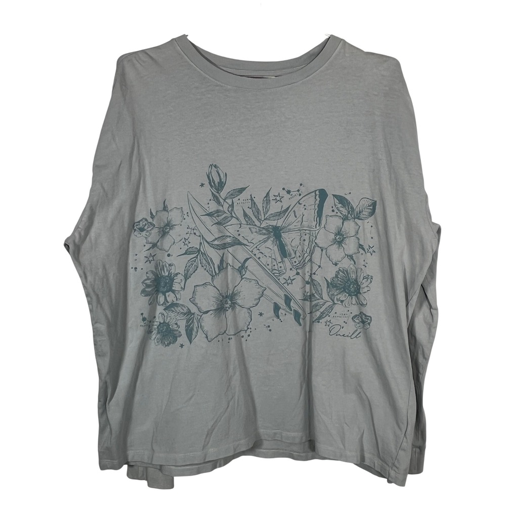 Surf Coastal Light Blue T-Shirt O'Neill Floral Butterfly Graphic XL Long Sleeve‎